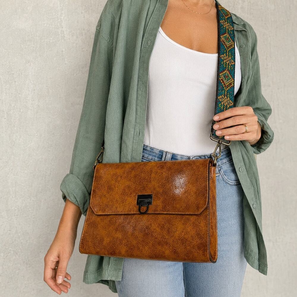 Brown Faux Leather Envelope Clutch Crossbody Purse Guitar Strap